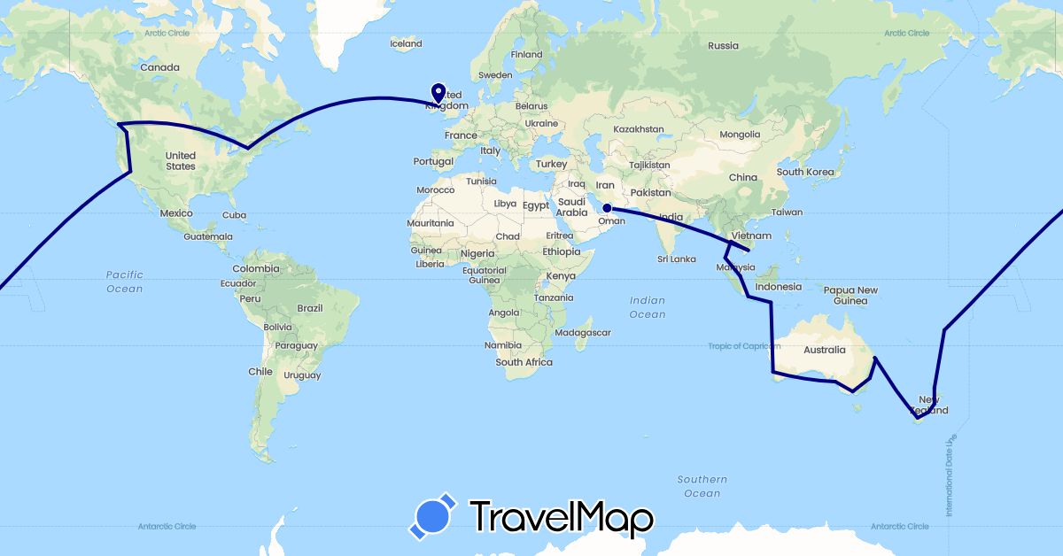 TravelMap itinerary: driving in United Arab Emirates, Australia, Canada, Fiji, Indonesia, Ireland, New Zealand, Singapore, Thailand, United States, Vietnam (Asia, Europe, North America, Oceania)